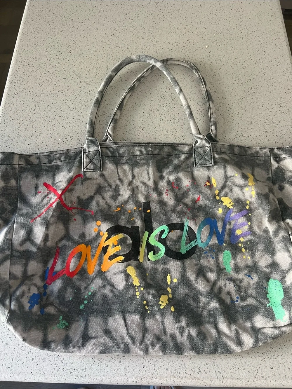 ALO Tie-Dye Canvas Tote with Rainbow 'Love Is Love' Graphic